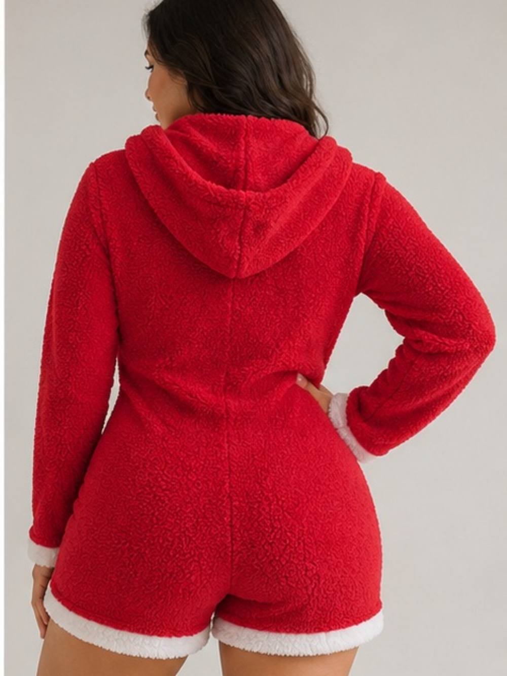 Cozy Red Hooded Plush Romper with Pom-Pom Drawstrings